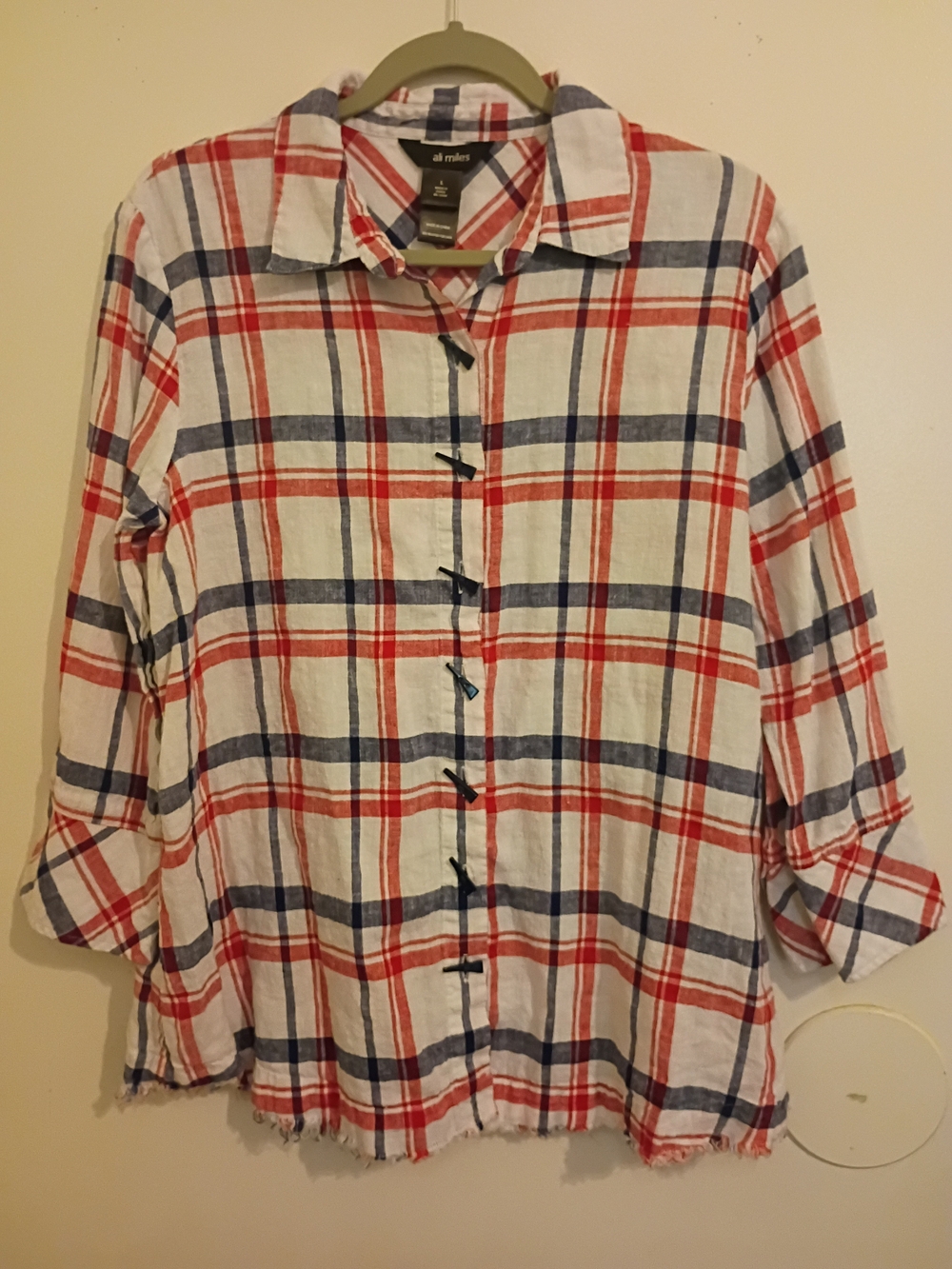 Ali Miles Women's Red & Navy Plaid Button-Up Shirt Linen Blend Sz M